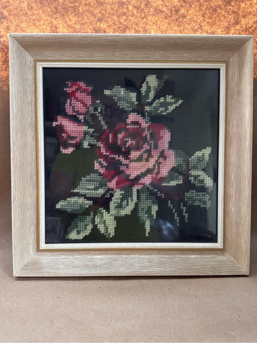Vintage Wooden Framed Rose Needlepoint. 10.5” by 10.5” (8” by 8”)